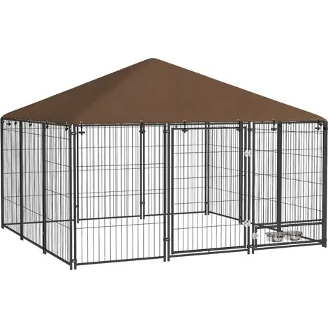 Incontournable - Pawhut – Chenil extérieur pour chiens 211 x 211 x 151 cm – Acier inoxydable et tissu Oxford imperméable – Support gamelle rotatif – Enclos sécurisé