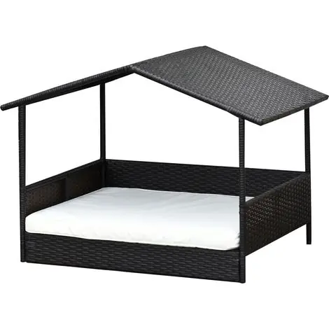 Prix cassé | Lit extérieur rotin auvent chien petit moyen 69x98x70 cm, structure métal coussin, couchage animal extérieur confortable