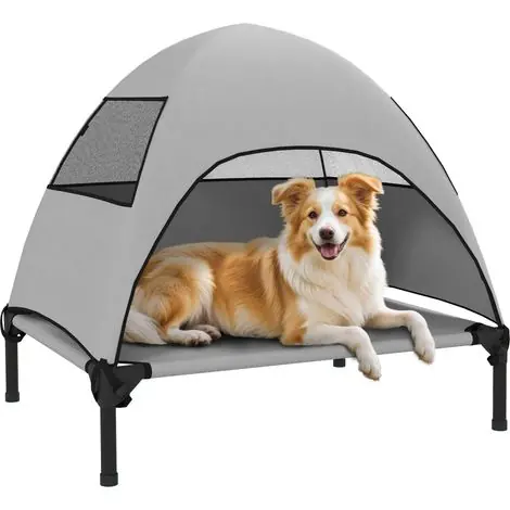 Meilleure vente | Mobliva Lit d‘extérieur surélevé avec toit pour chien de taille moyenne, 76 x 61 x 71 cm, gris clair