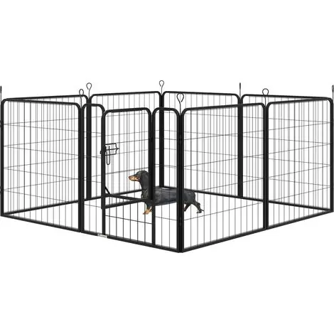 Welpenlaufstall, 8-teilig 80cm hoch Welpenauslauf mit abschließbarer Tür 8 Gitterplatten Stahl Hundelaufstall Freilaufgehege für kleine, mittlere Hunde, für drinnen und draußen, Grau | Économisez maintenant