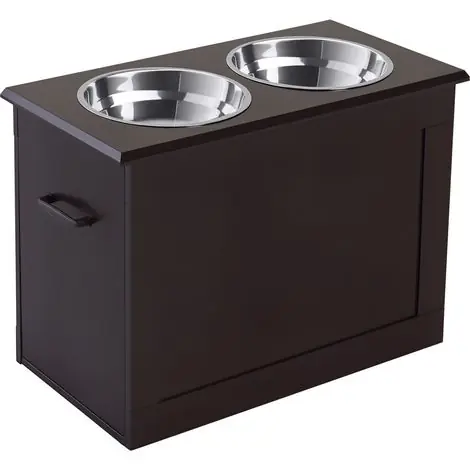 Livraison express - Pawhut – Gamelle surélevée pour chien – 2 gamelles en acier inoxydable Ø24cm – Structure MDF chocolat – Dimensions 60x30x41cm – Coffre de rangement intégré