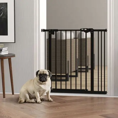 Barrière pour chien et animaux de compagnie avec 2 extensions, largeur réglable jusqu‘à 87 cm, fixation par pression sans perçage et fermeture automatique, noire - Satisfait ou remboursé