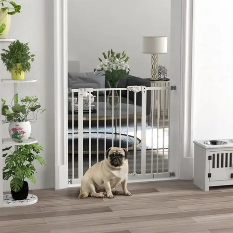 Soldes | Barrière de sécurité animaux porte fermeture automatique système de double verrouillage sans perçage 1 extension blanc