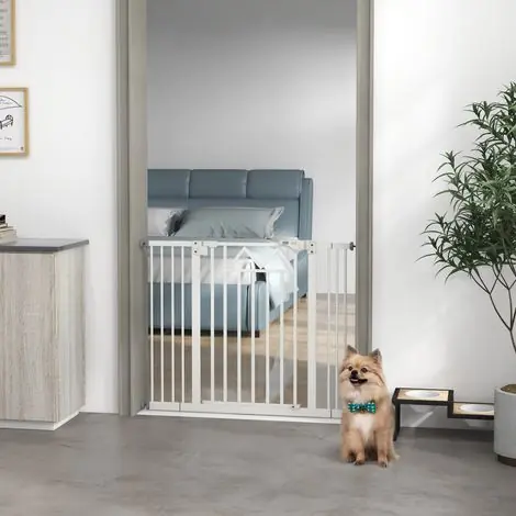 Barrière pour chien avec 4 vis réglables et ruban adhésif, en métal et plastique, 74-100 x 76 cm, blanche | Excellente qualité