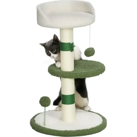 Soldes | Arbre à chat avec panier, 2 balles, plateforme et poteau en sisal, vert et blanc