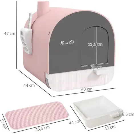 Katzentoilette mit Deckel, Streuschaufel, Schmutzfangmatte, Kunststoff, Rosa/Schwarz | Prix doux