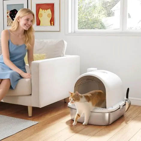 Bac à litière pour chat en acier inoxydable avec couvercle, sac désodorisant, pelle, facile à nettoyer, 52,4 x 41,3 x 39,9 cm, blanc | Cette semaine uniquement