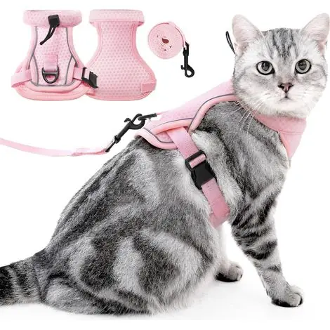 Harnais et de Laisse pour Chat - Gilet pour Chat Réglable Anti-évasion avec Bandes Réfléchissantes, Contrôle Facile et Marche en Toute Sécurité pour Chats Collier de Chaton de Voyage (Rose, L) | Nouveau chez nous