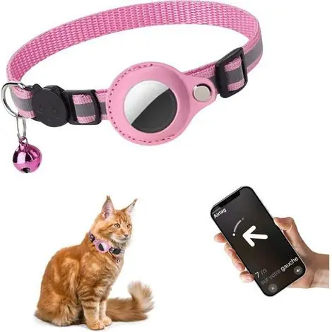 Collier GPS chat compatible AirTag – Anti-perte, étanche – Rose – Positionnement global - Prix cassé